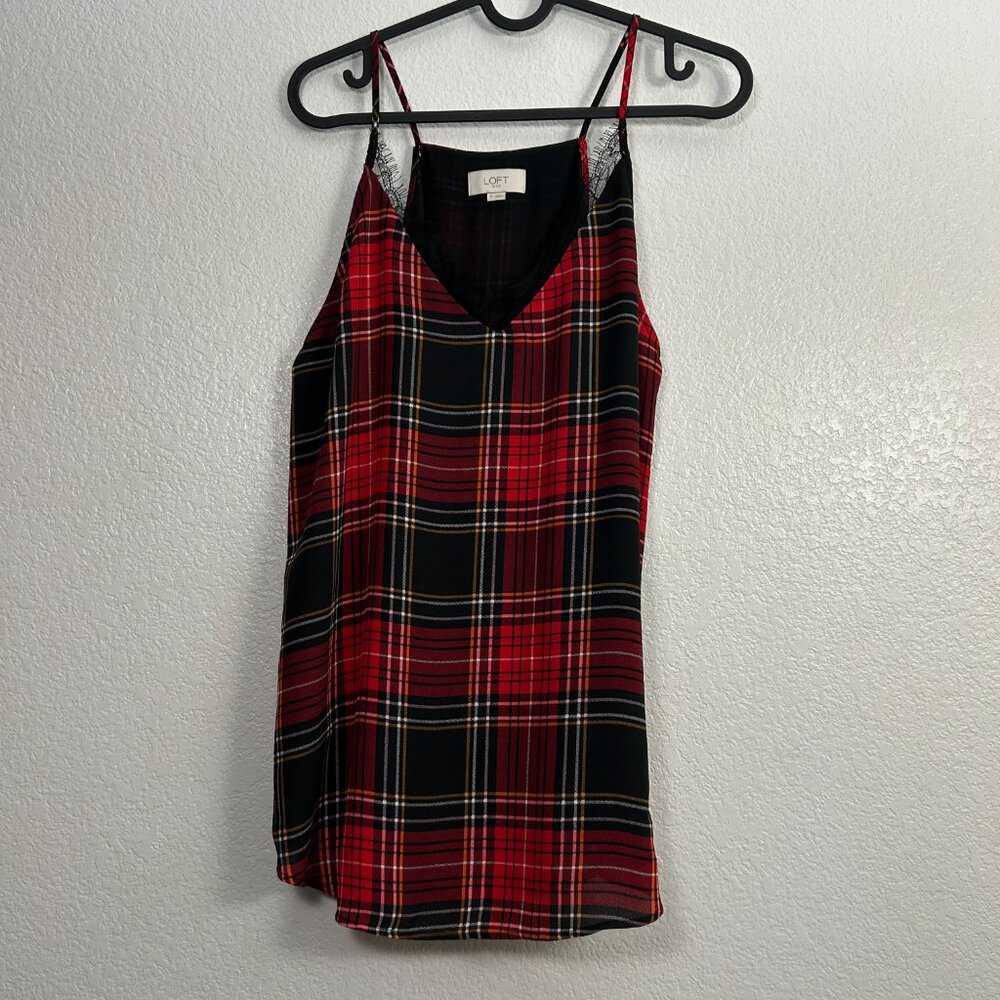LOFT Tartan Plaid Lace Trim Cami Tank Top Holiday